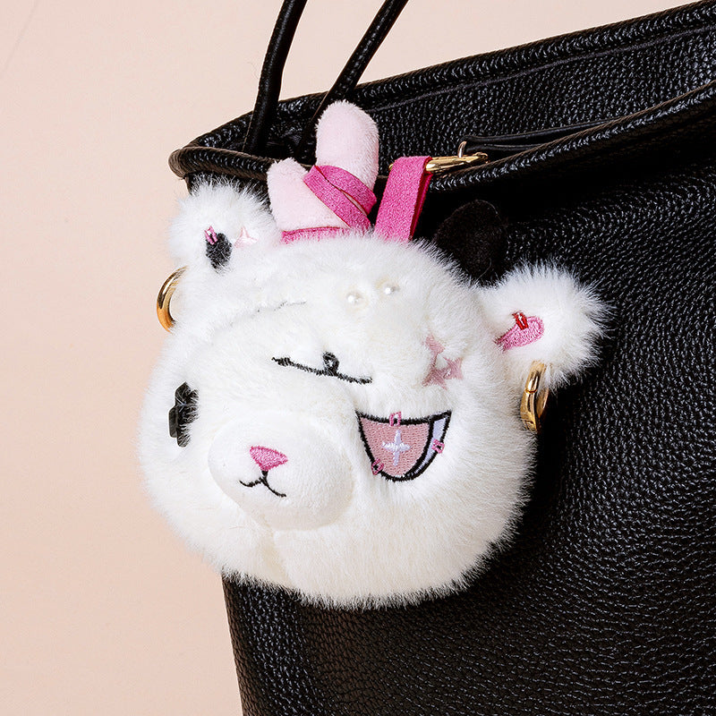 Faux-Fur Bunny Charm Schlüsselanhänger mit gesticktem Patchwork-Gesicht und goldenem Metallring Karnz