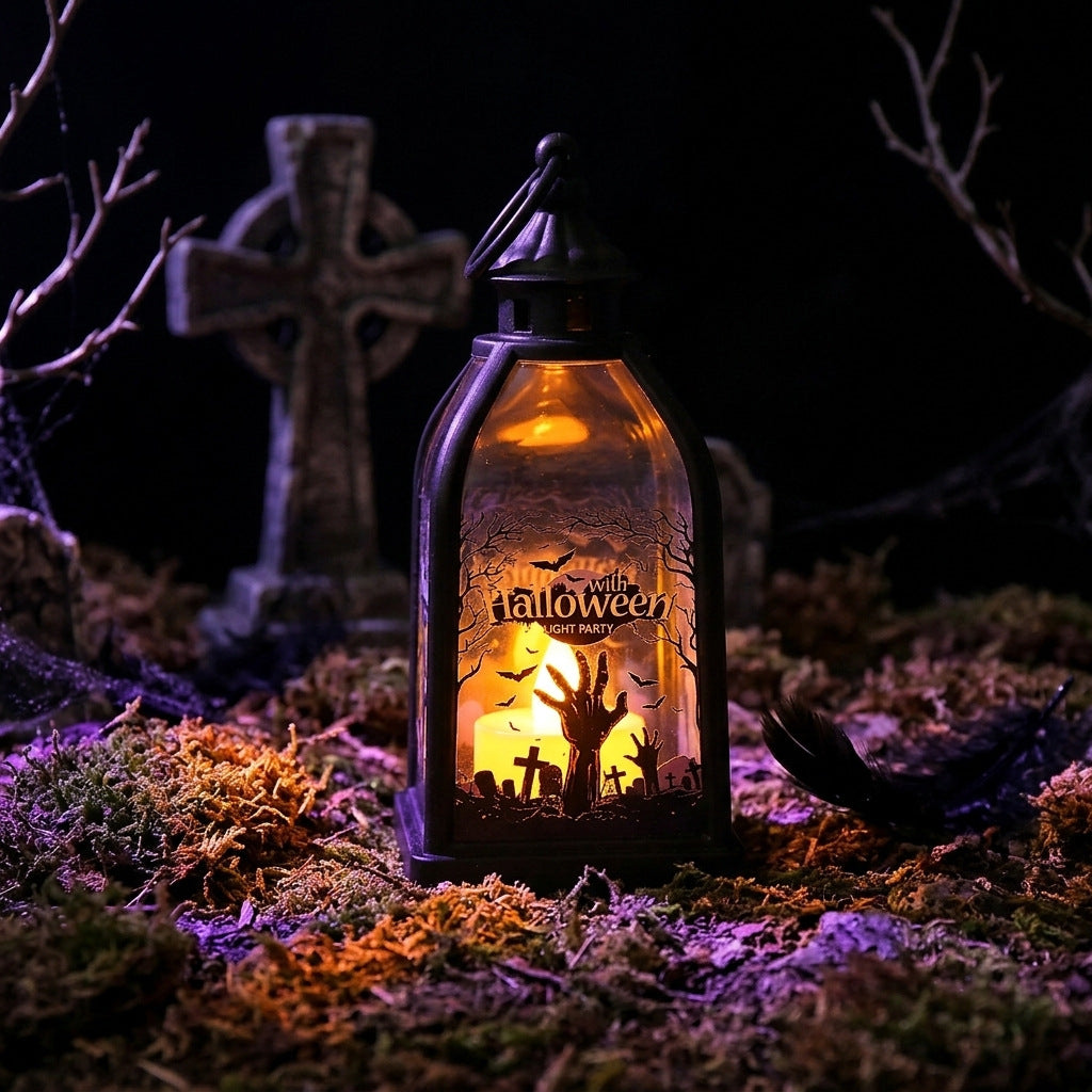 Halloween-Dekolaterne mit LED-Imitatkerze und Skelett-Glaseinsätzen antikoptik