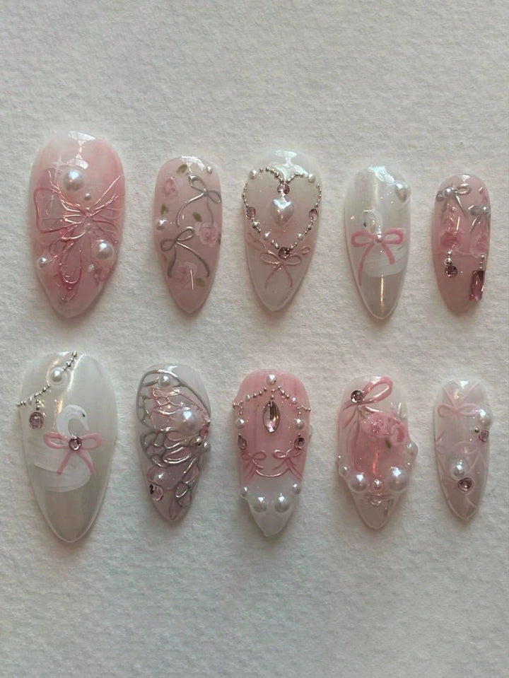 Dekorative 3D Schleife und Perle Press-On Nagelkunst Karnz