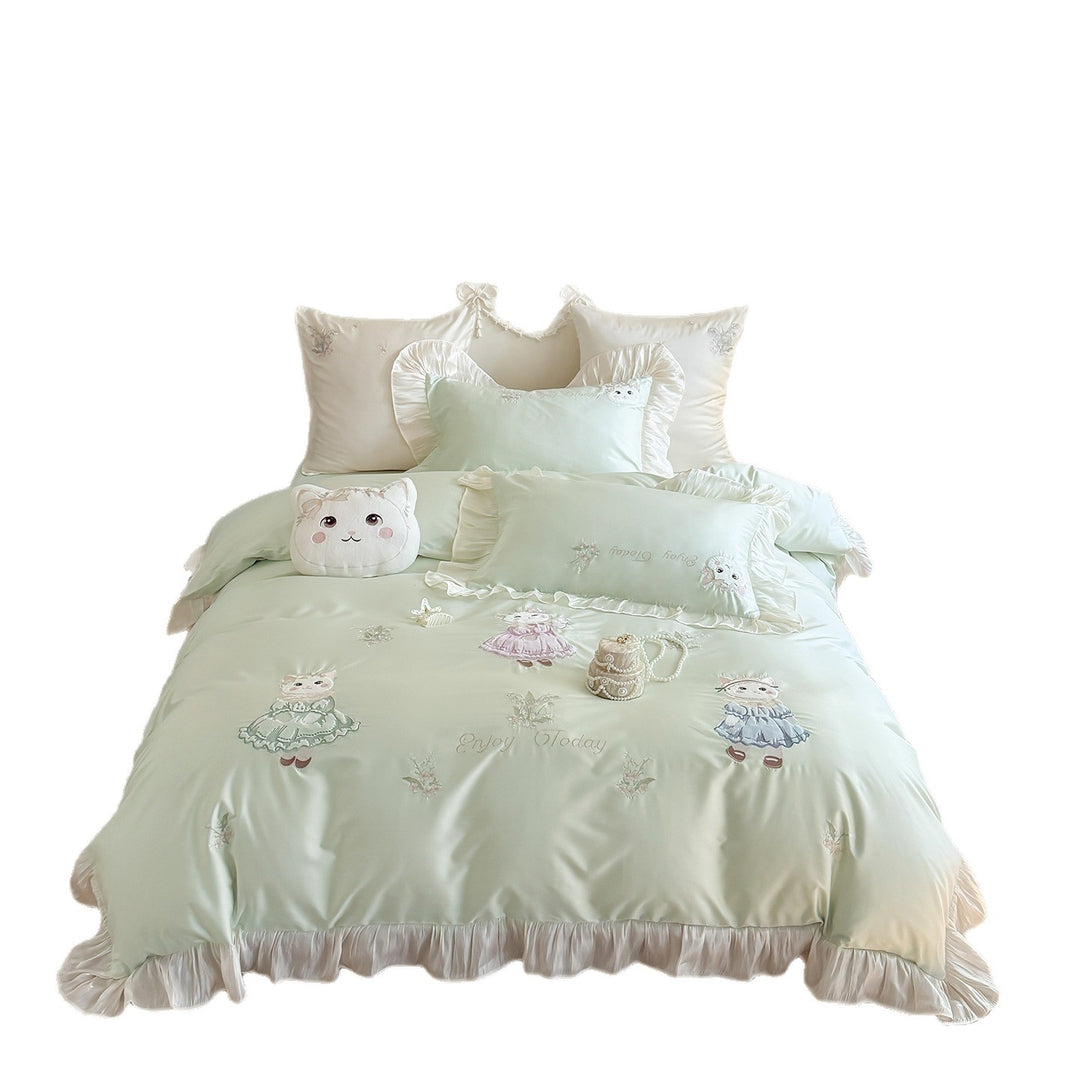 Satin-Bettwäscheset mit Rüschen und Katzenstickerei