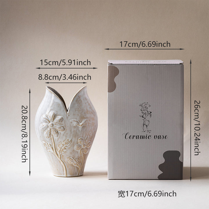 Handgefertigte strukturierte Steingut-Blumenrelief-Bud-Vase