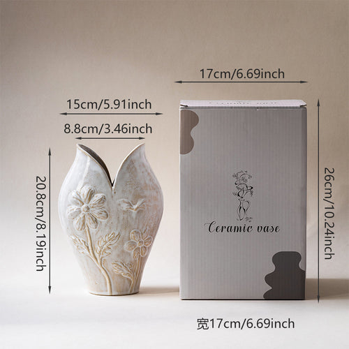 Handgefertigte strukturierte Steingut-Blumenrelief-Bud-Vase