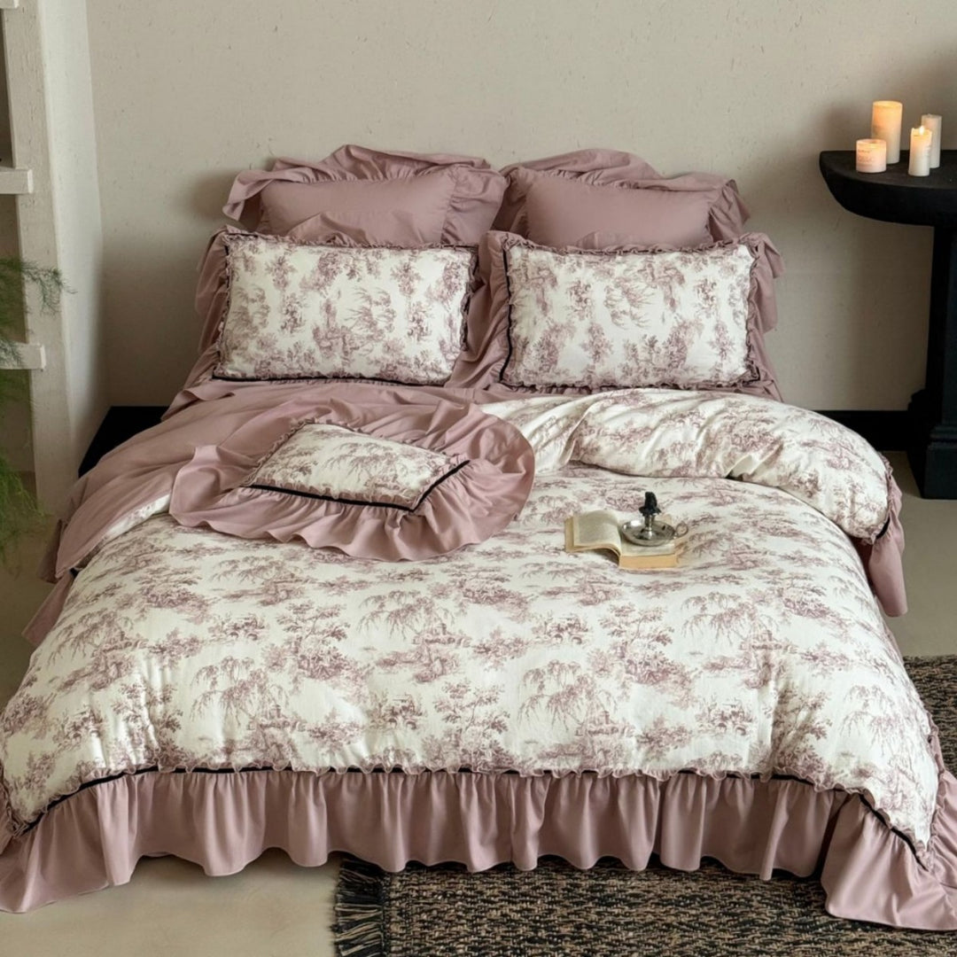 Bettwäsche-Set mit Rüschen und Toile-Motiv