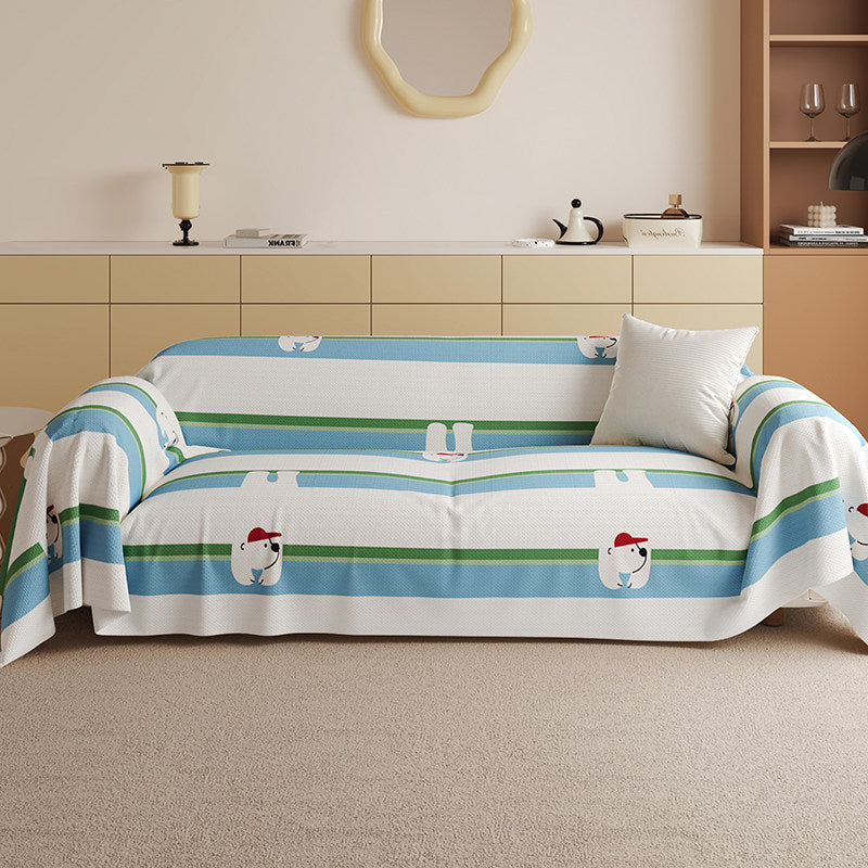 Stretch-Fit Checkerboard Sofa Slipcover with Cute Cat Illustration