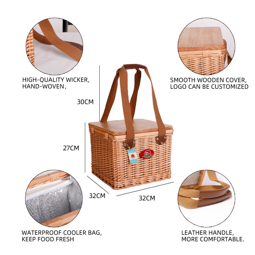 Damen Picknickkorb aus hochwertigem Naturmaterial mit robustem Holzdeckel Karnz