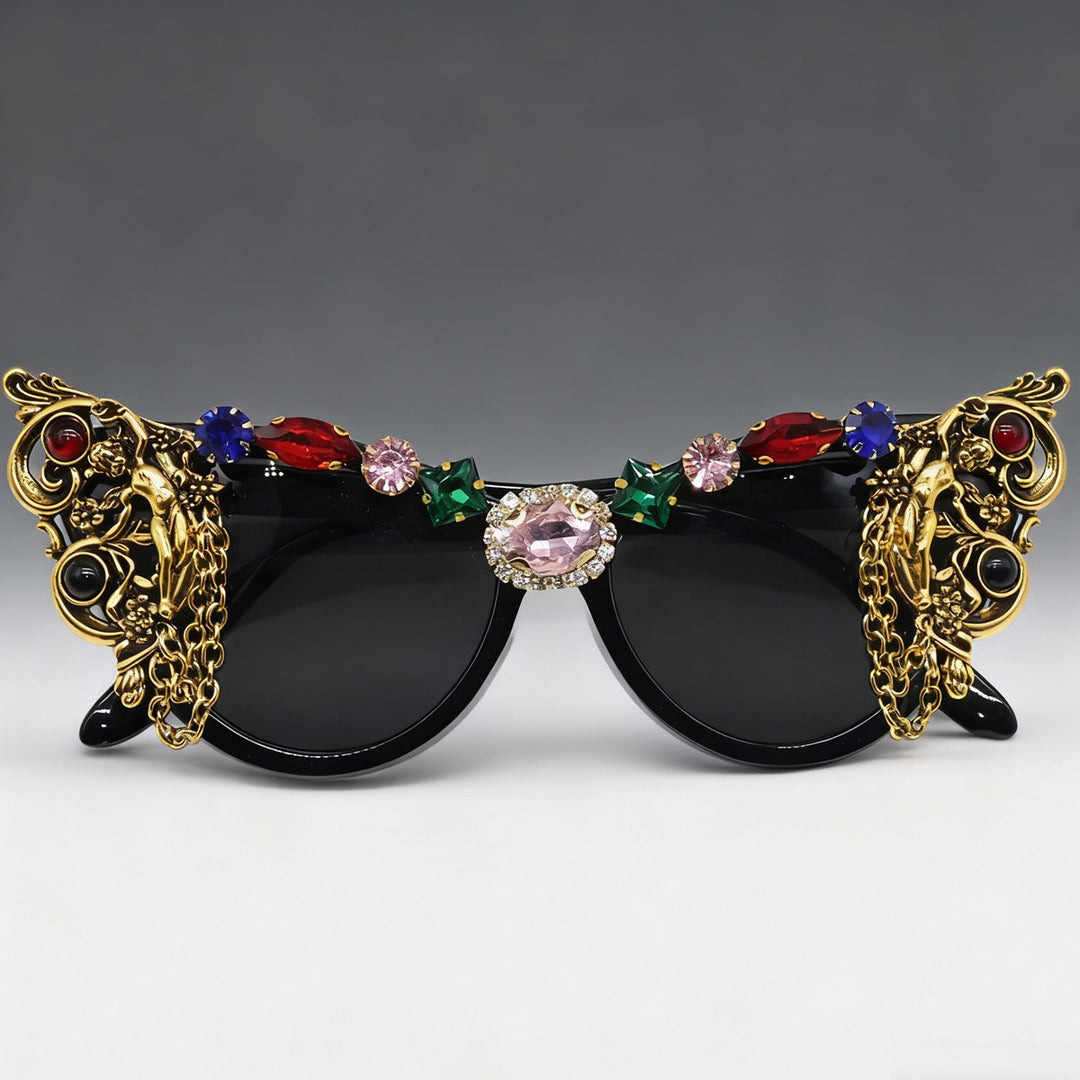 Damen extravagante Glamour-Sonnenbrille mit kunstvollen Verzierungen Karnz
