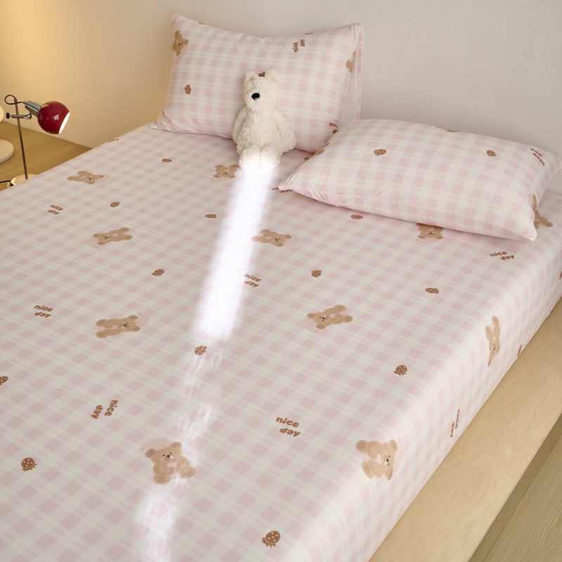 Spannbettlaken- und Kissenbezug-Set für Kinder aus weichem Baumwoll-Jersey mit Karomuster und Teddy-Print