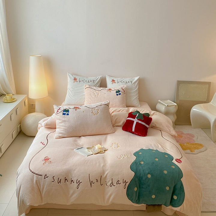 Plush Embroidered Holiday-Themed Duvet Cover Set with Decorative Pillow Shams