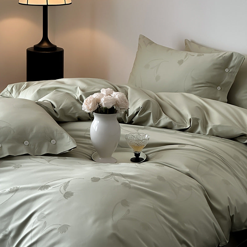 Premium-Bettbezug-Set aus Baumwollsatin mit tonalem Blumenjacquard und Knopfverschluss