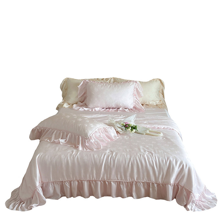 Elegantes Satin-Bettwäsche-Set mit Jacquard-Blumenmuster und Rüschen