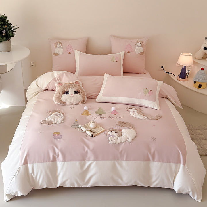 Plüsch-Applikation Katze Bettbezug Set mit dekorativen Kissenbezügen und plüschigem Wurfkissen