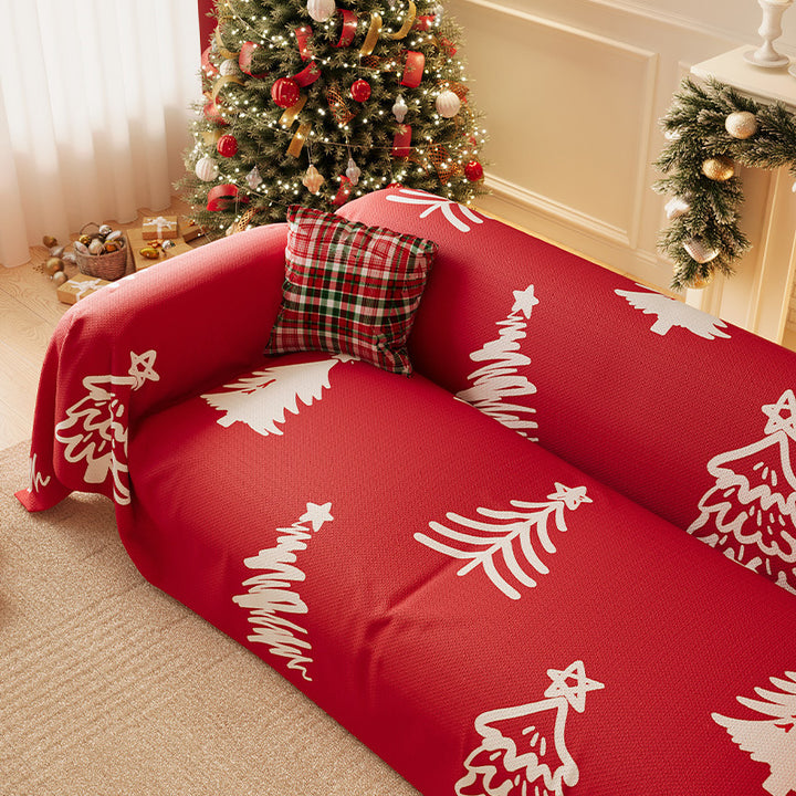 Festive Stretch-Fit Full-Coverage Sofa Slipcover with Holiday Tree Print