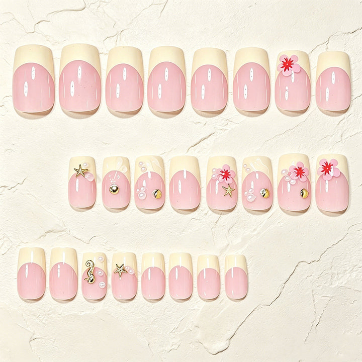 Tropische Muschel- und Blumen-Press-On-Nagelkunst Karnz