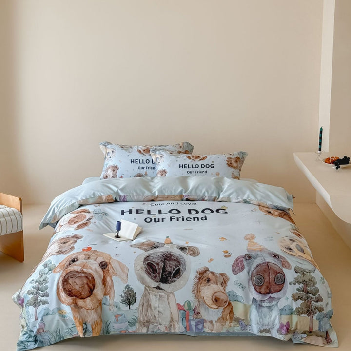 Illustriertes Aquarell Hund Bettbezug Set mit Kissenbezügen