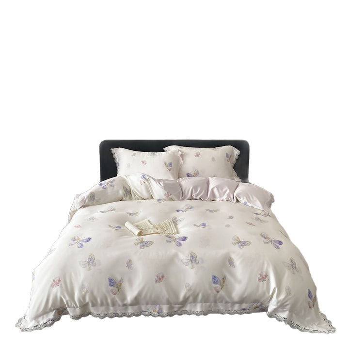 Luxus-Satin-Bettwäsche-Set mit floraler Seidenoptik und Spitzenbesatz