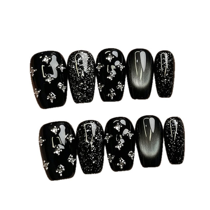 Glamouröses schwarzes Press-On-Nagel-Set mit Strass-Akzenten