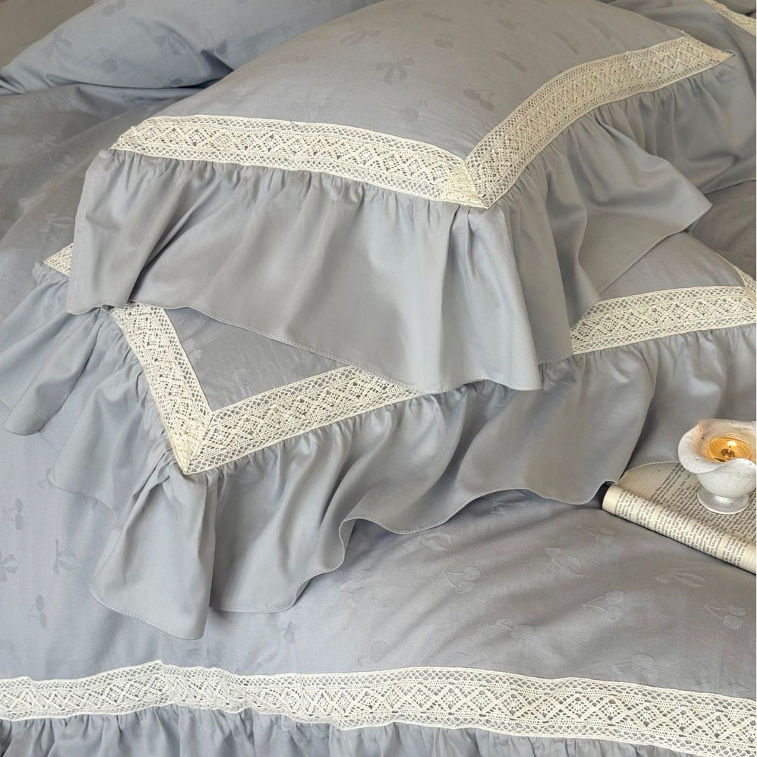 Leinen-Mischung Jacquard Floral Bettbezug Set mit Rüschensaum und dekorativem Bolster