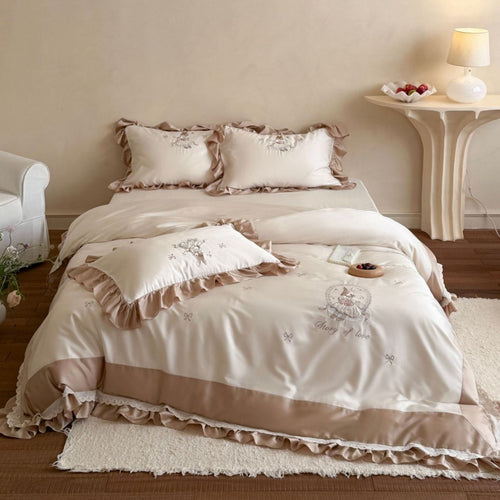 Rüschenbesticktes Satin-Bordüre Bettwäsche Set mit Bettbezug und Kissenbezug