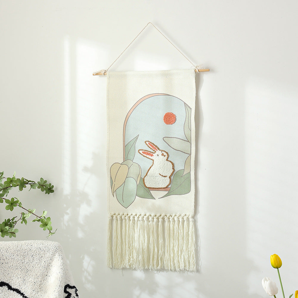 Wandbehang aus gewebter Baumwolle mit Punch-Needle Blumenrelief und Fransen Karnz