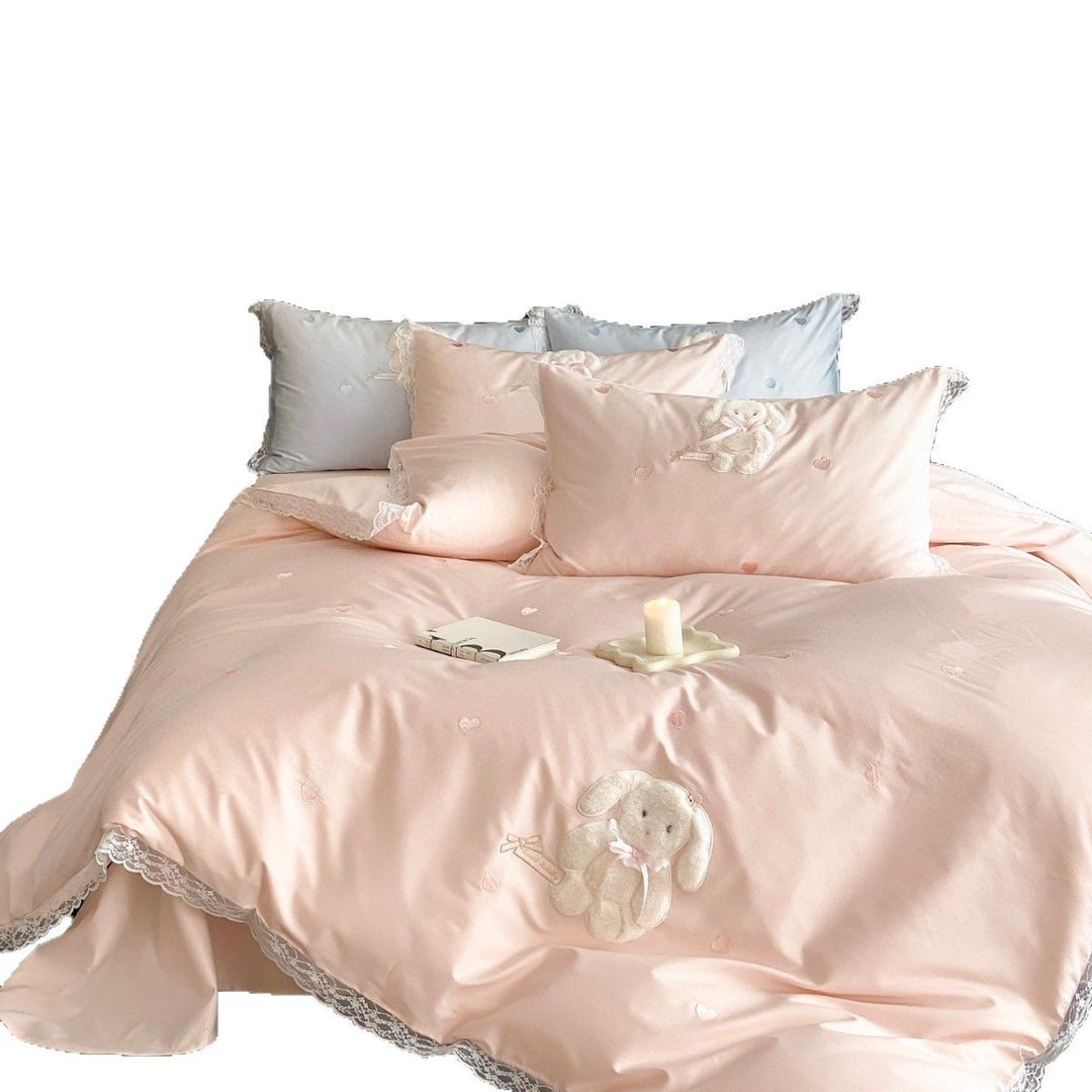 Bestickte Spitzenbesatz Plüsch-Applikation Baumwollsatin Bettdeckenbezug Set