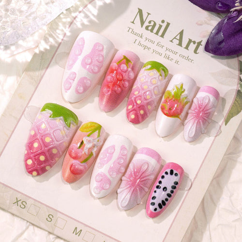 Künstliche Nagelspitzen mit fruchtigem Design und 3D-Elementen Karnz