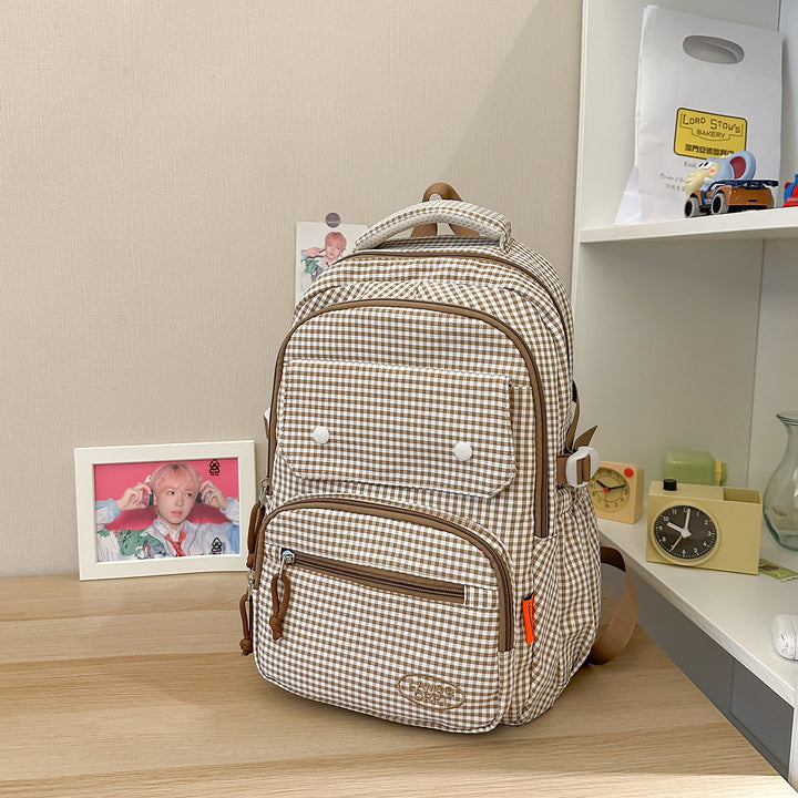 Gingham Print Mehrfach-Taschen Rucksack Karnz