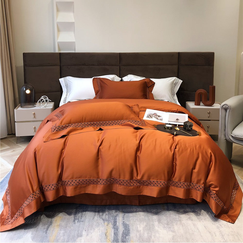 Luxuriöser Satin Bestickte Bettbezug Set mit Lattice Cutwork Trim