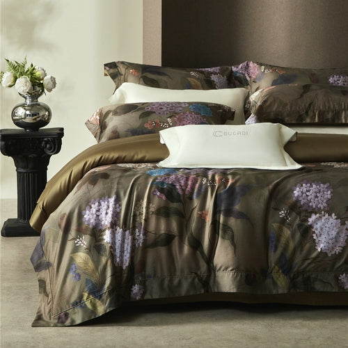 Botanisches Satin-Jacquard Luxus Bettbezug-Set mit satinierter Rückseite & Euro Kopfkissenbezügen