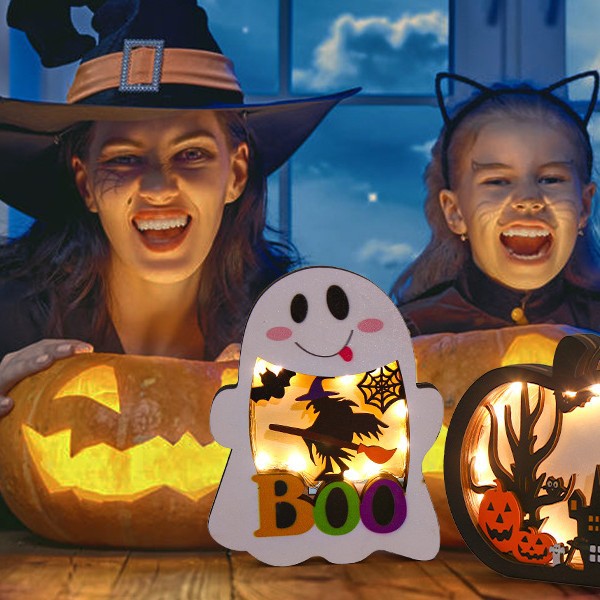 Holz-Deko-Set dreidimensionale Halloween-Schattenboxen mit LED-Beleuchtung und mehrlagigen Motiven
