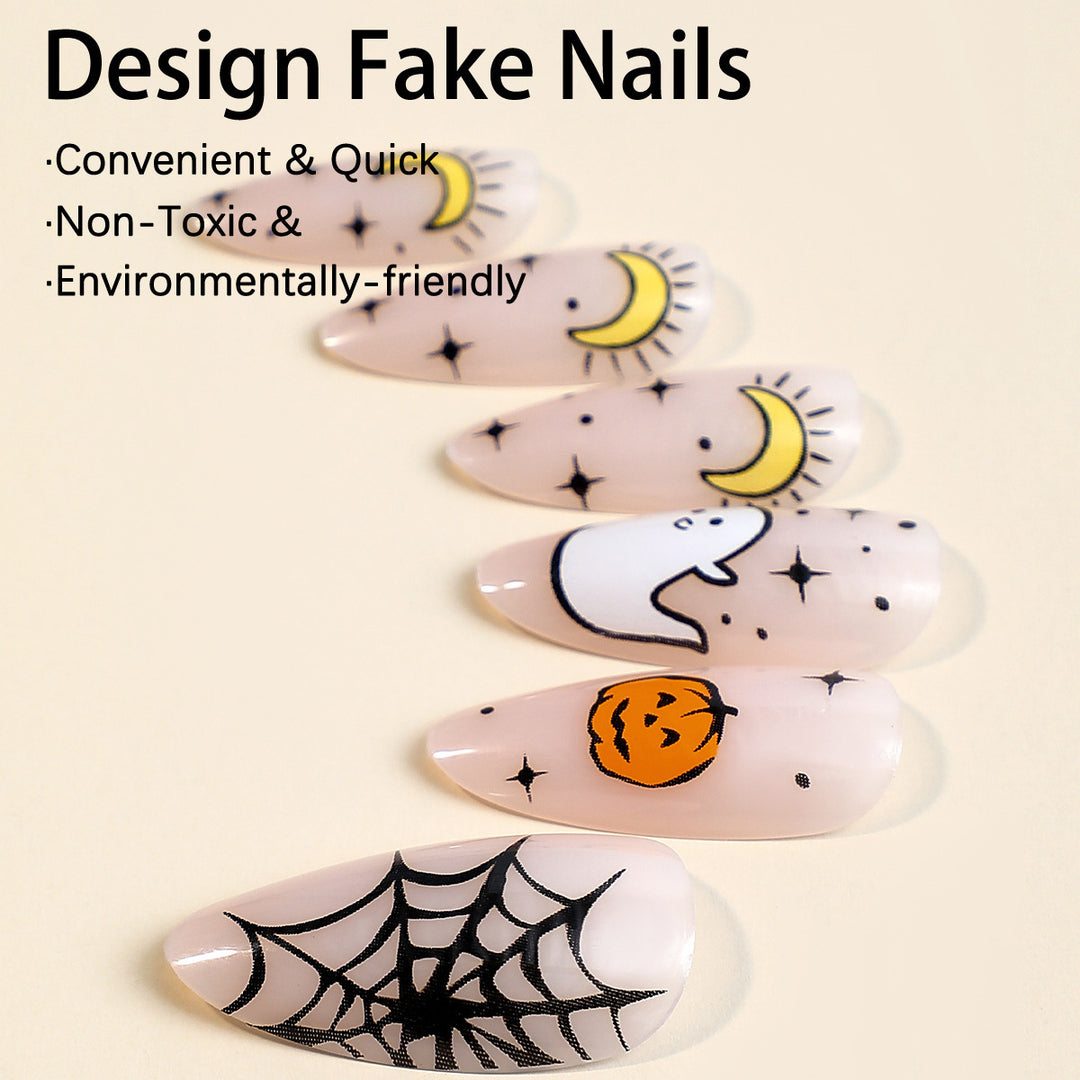 Kreatives Halloween Kunstnagelset mit Spinnen- und Geisterdesign Karnz