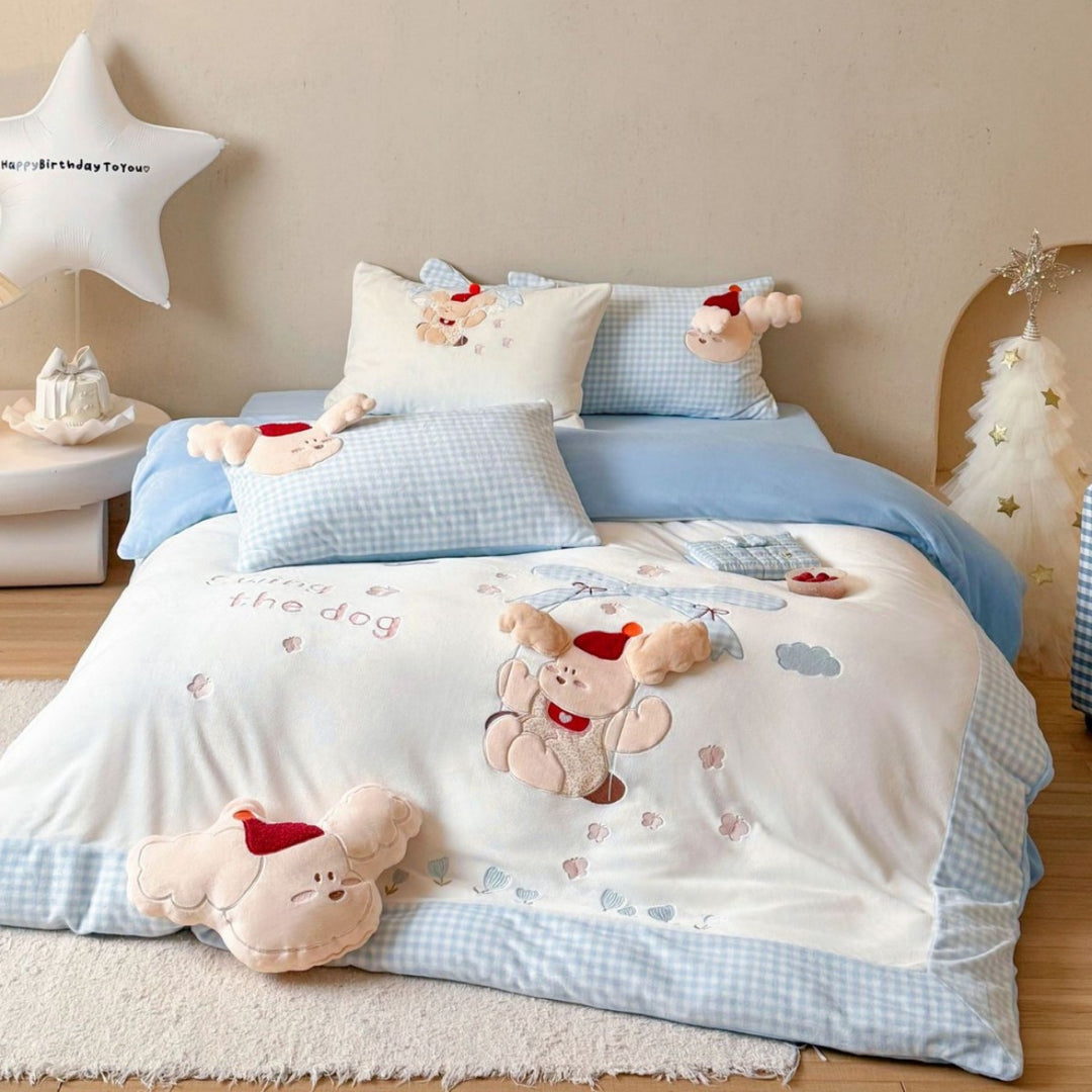 Kinder Plüsch Applikation Gingham Bettwäsche Set mit Kissenbezügen und dekorativen Plüschakzenten