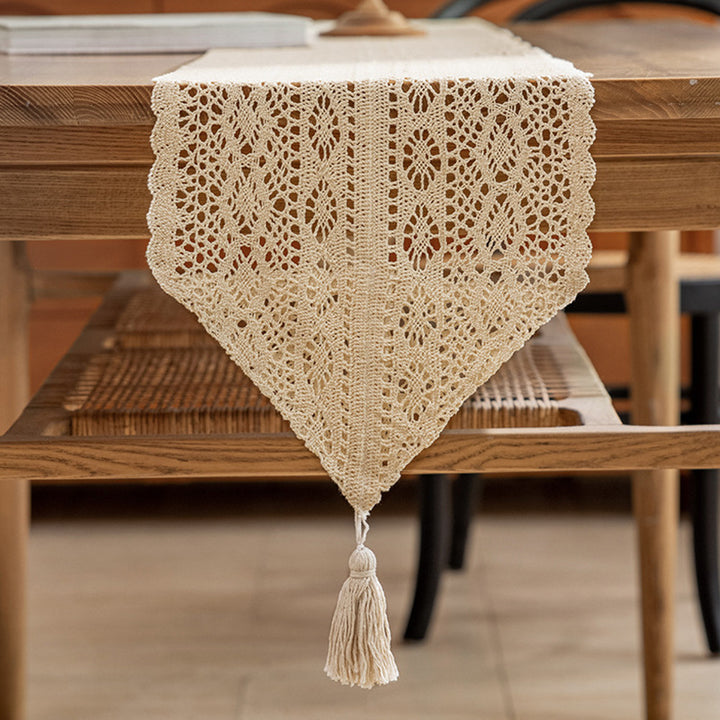 Handgewebter Baumwollhäkel-Tablett mit Diamantspitzenmuster und Quastenpunkt