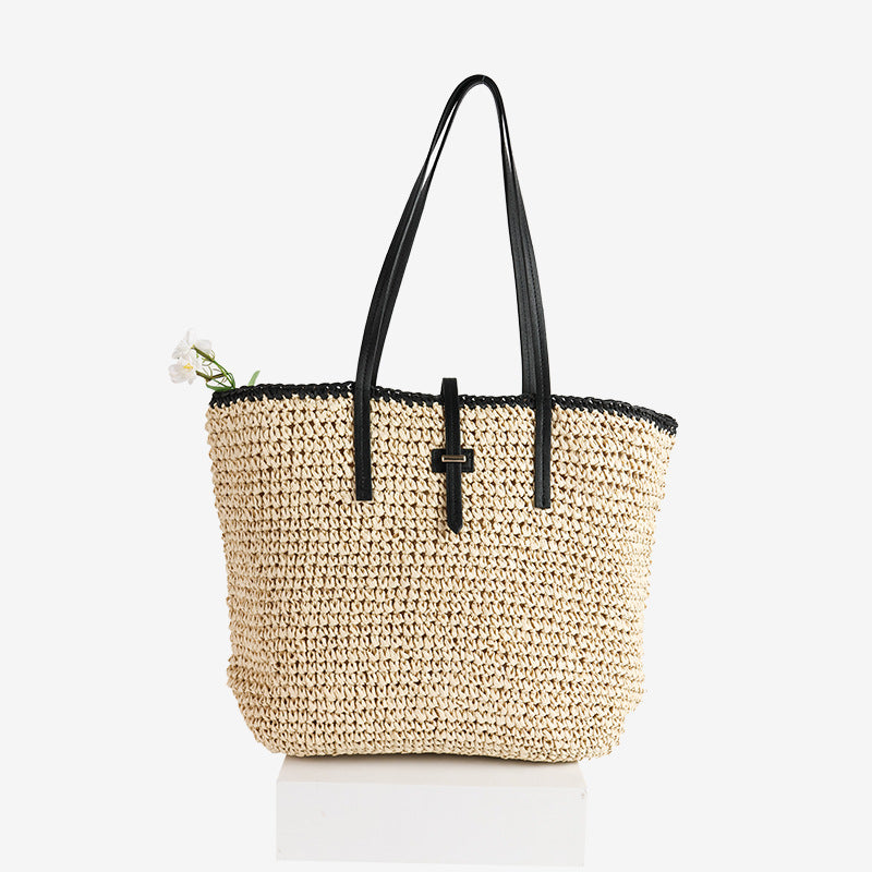 Damen Handtasche aus geflochtenem Naturmaterial mit Ledergriffen Karnz