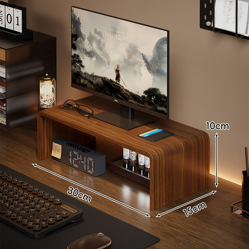 Niedrigprofilierte gebogene Desktop-Monitor-Plattform mit integriertem Unterregal-Organizer und ambienter Hintergrundbeleuchtung
