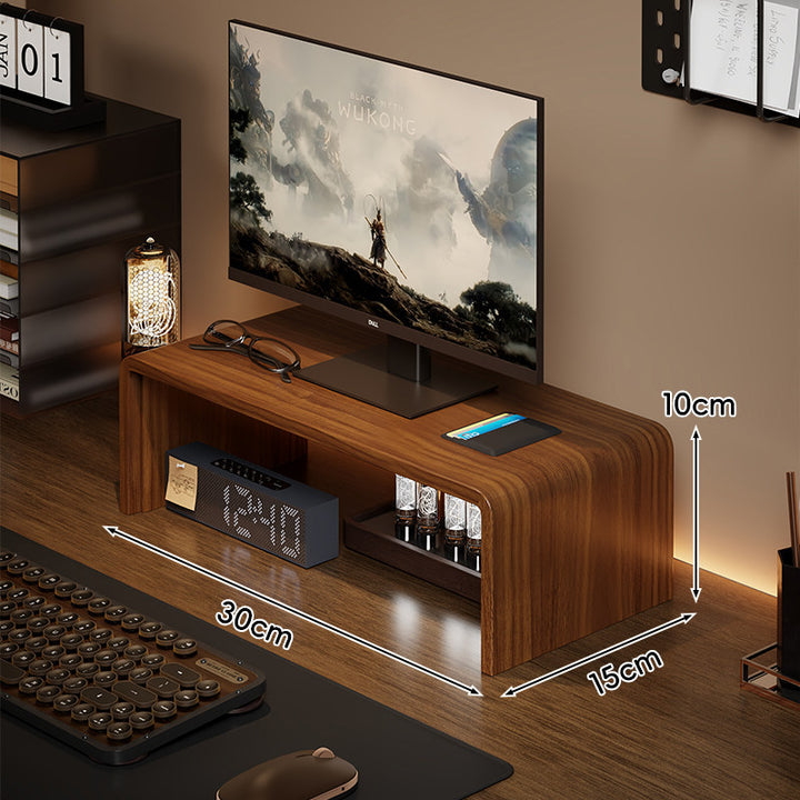 Niedrigprofilierte gebogene Desktop-Monitor-Plattform mit integriertem Unterregal-Organizer und ambienter Hintergrundbeleuchtung