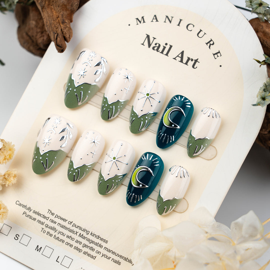 Künstlerisch von der Natur inspirierte Press-On Nagelkunst Karnz