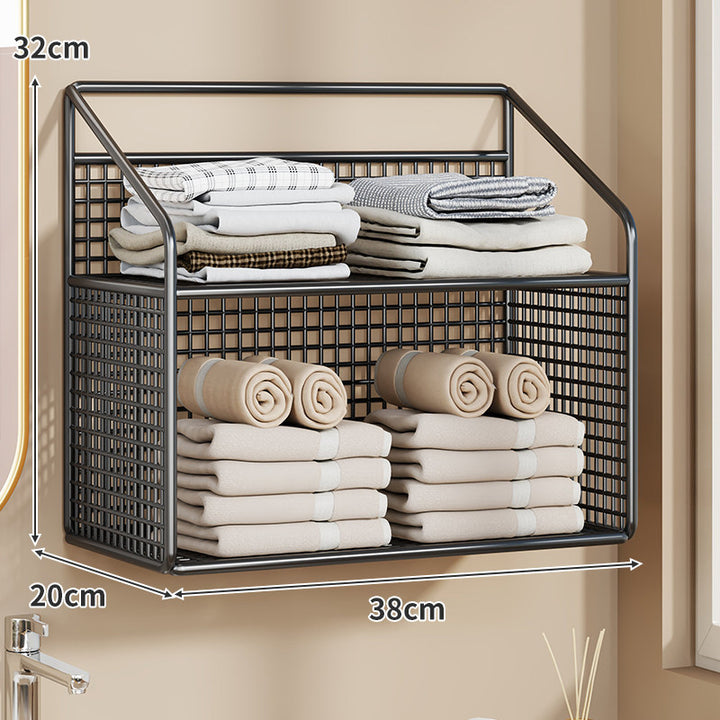 Wandmontierter Gitter-Mesh-Badezimmer-Organizer mit mehreren Regalen und integrierten Haken
