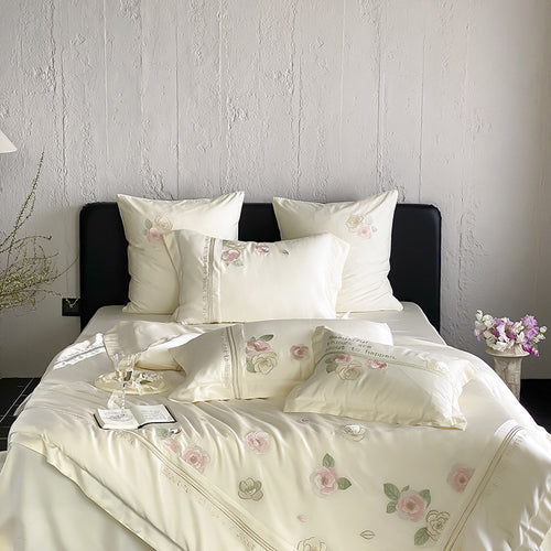 Seidenmischung Botanisch Bestickte Bettwäsche Set mit Satin Border & Dekorativen Kissenbezügen