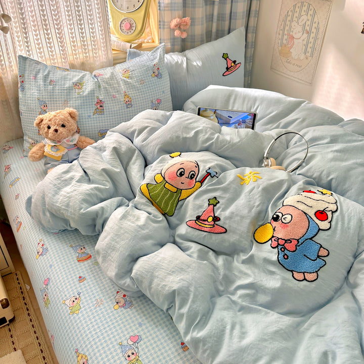 Bestickte Cartoon-Applikation Baumwoll Bettdeckenbezug Set mit weichem Percale und Kissenbezügen