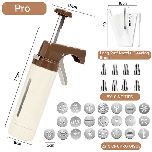 Manual Cookie Press and Churro Maker Set with 22 Decorative Discs and Icing Nozzles