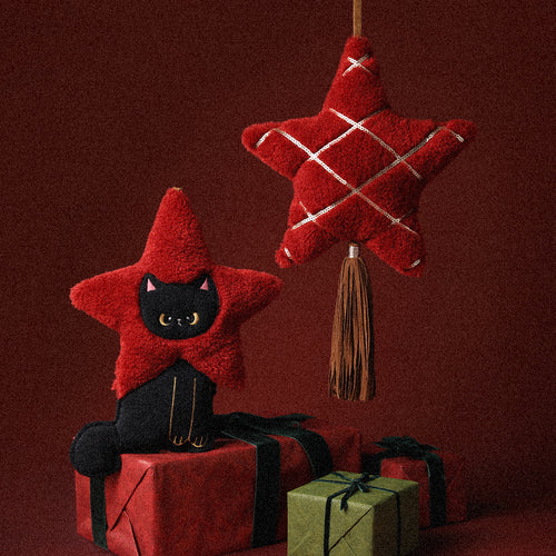 Plüschanhänger Sternform mit Katzenmotiv, kuscheliger Teddy‑Textur und Aufhängeband