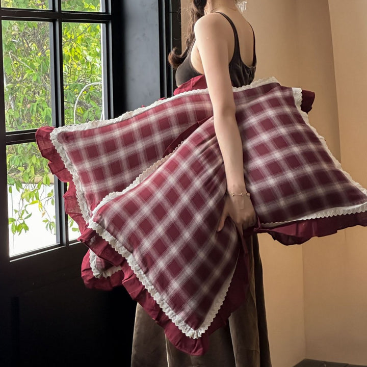 Gekämmte Baumwolle Plaid Bettbezug Set mit Rüsche Saum und Spitzenbesatz