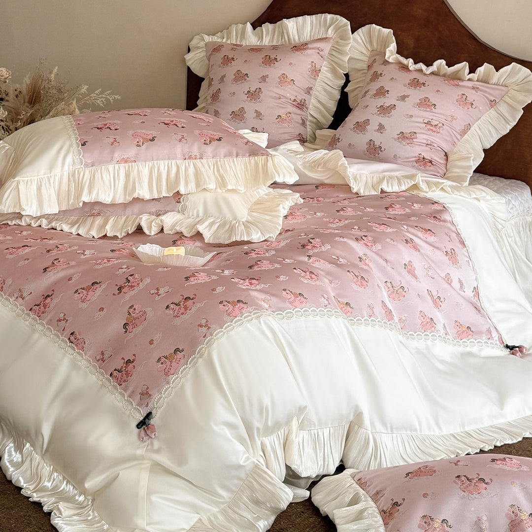 Rüschen Satin-Trim Quilt Bettbezug Set mit Spitzen-Einsätzen