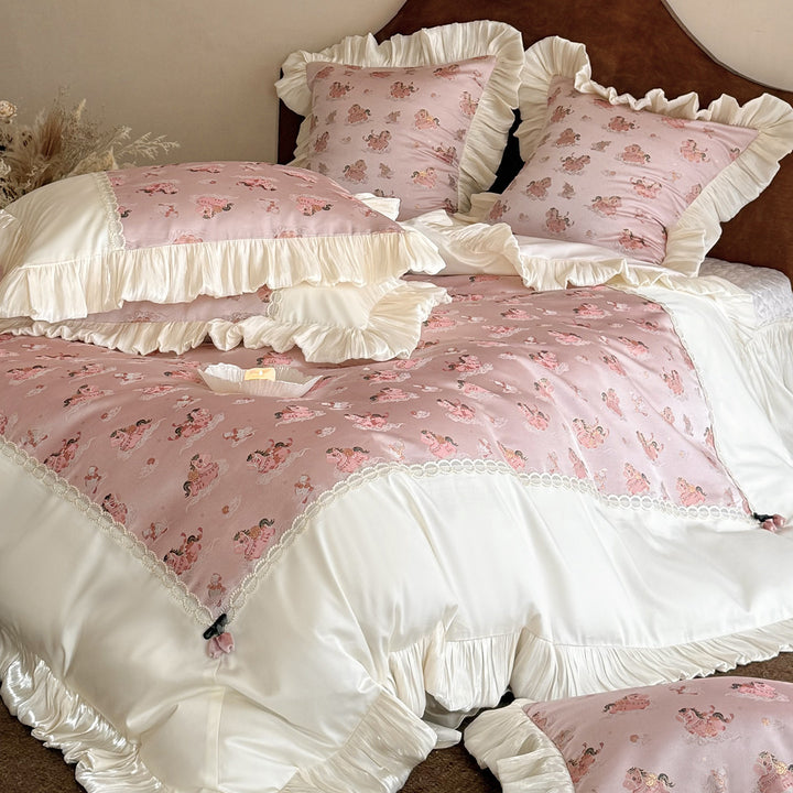 Rüschen Satin-Trim Quilt Bettbezug Set mit Spitzen-Einsätzen