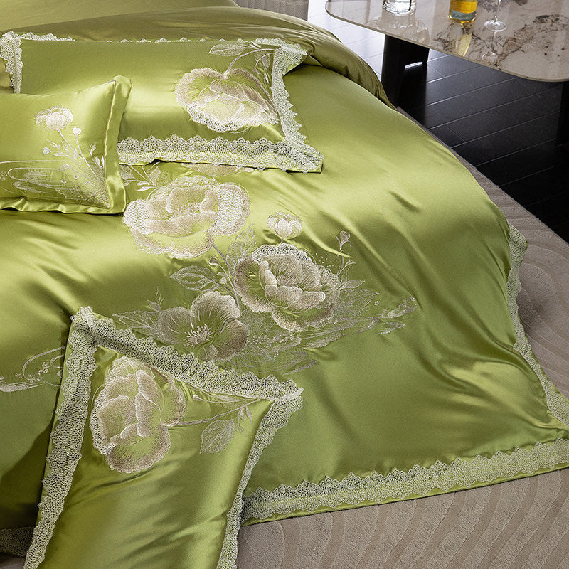 Satin-Gefühl Bestickte Florale Spitze-Besatz Bettbezug Set