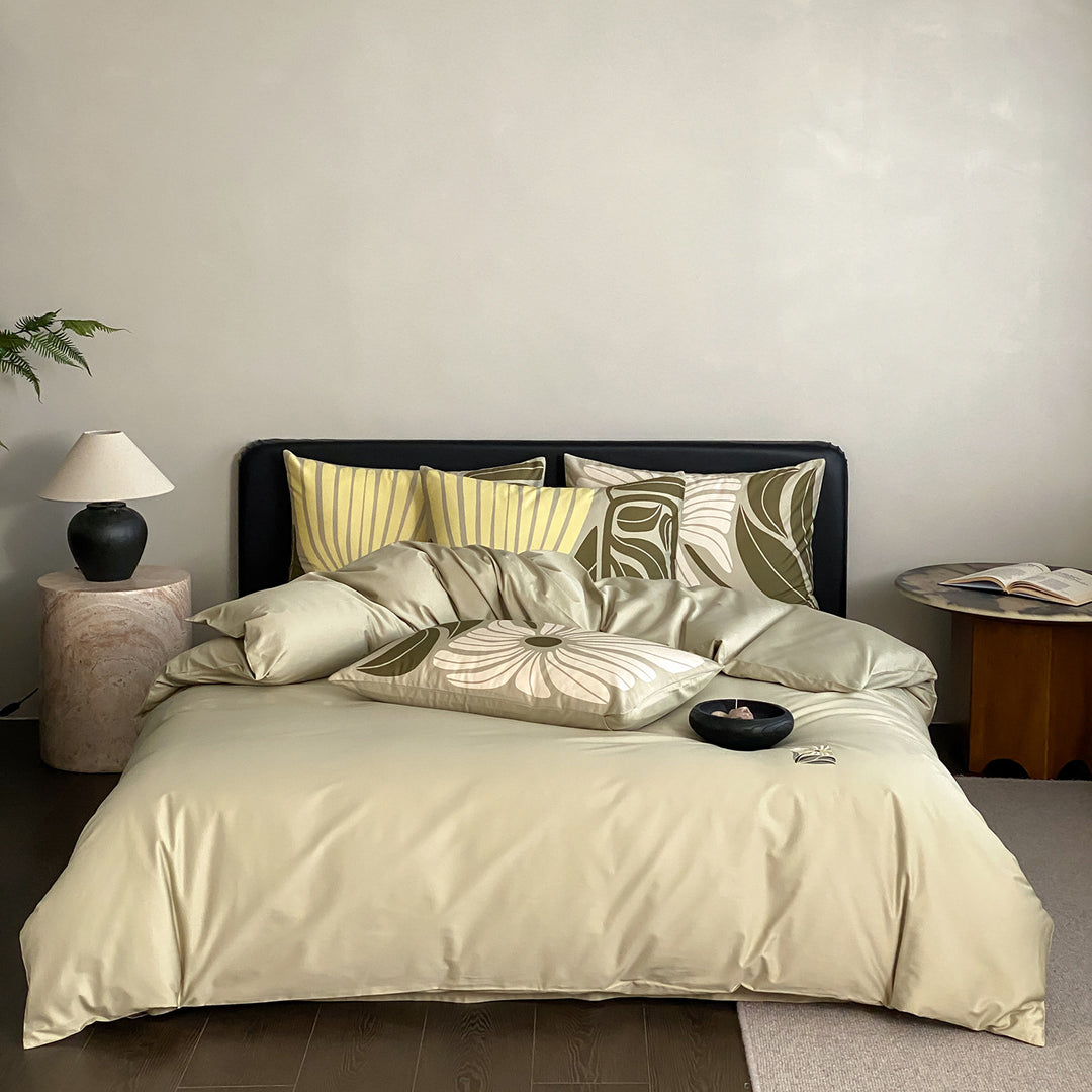 Satin-Feel Mikrofaser Bettbezug Set mit abstraktem botanischen Druck und Umschlagkissenbezügen
