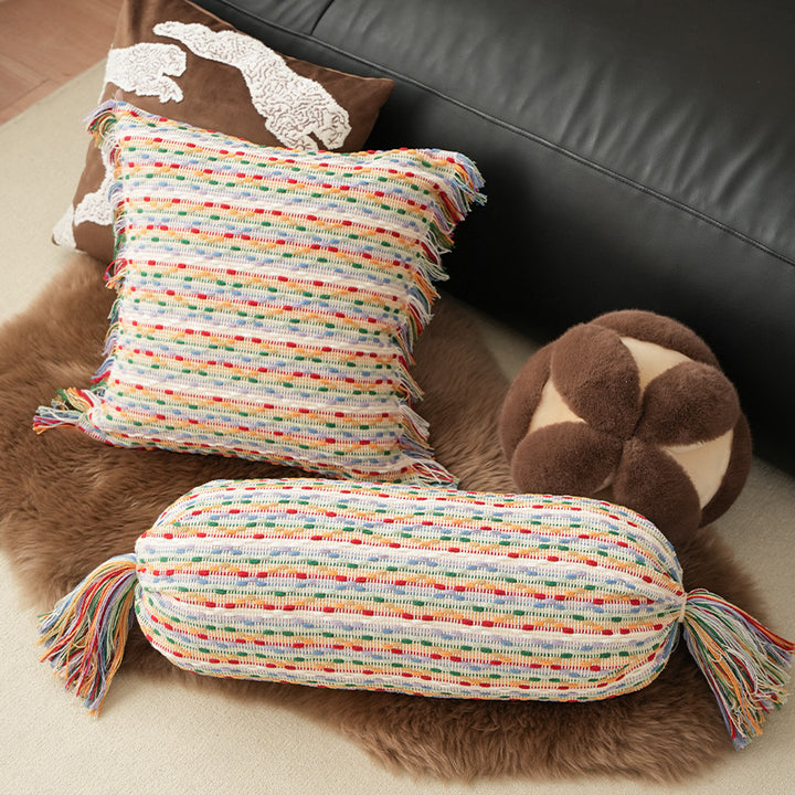 Boho-gewebtes Dekokissen-Set mit Zylinderrolle und quadratischem Fransenbezug