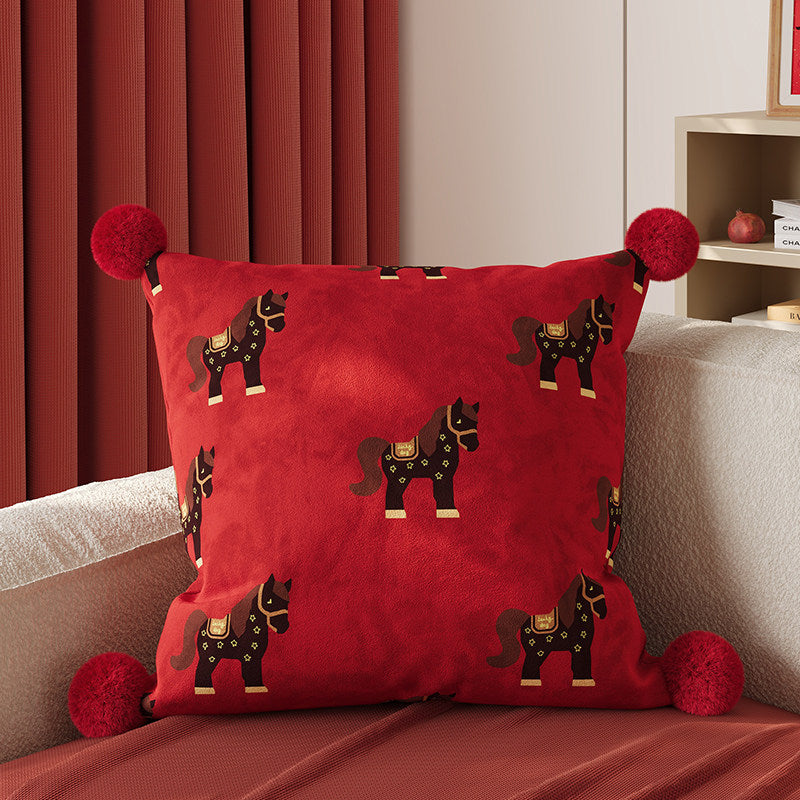 Decorative Square Pom-Pom Throw Pillow Cover with Jacquard Floral Motif