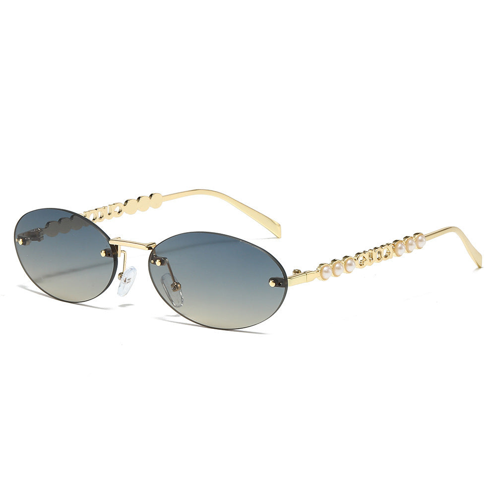 Damen modische Sonnenbrille mit ovalem Rahmen und perlenverzierten Bügeln Karnz