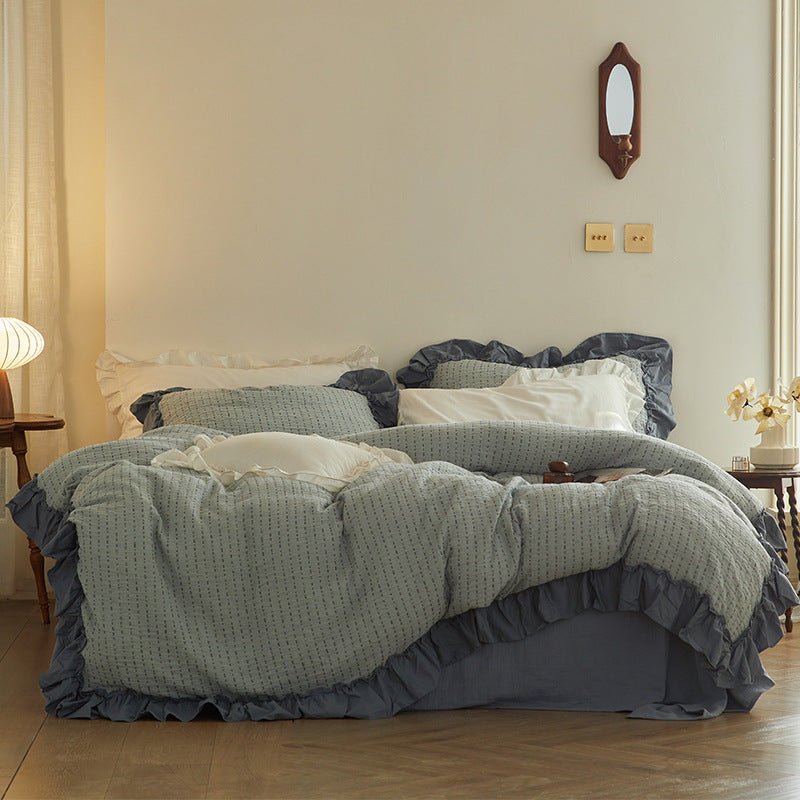 Gestepptes gewaschenes Baumwoll-Rüschendeckenbezug-Set mit Kissenbezügen und Bett-Skirt